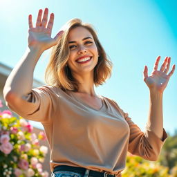 A confident woman gracefully raising her hand in a vibrant outdoor setting, exuding positivity