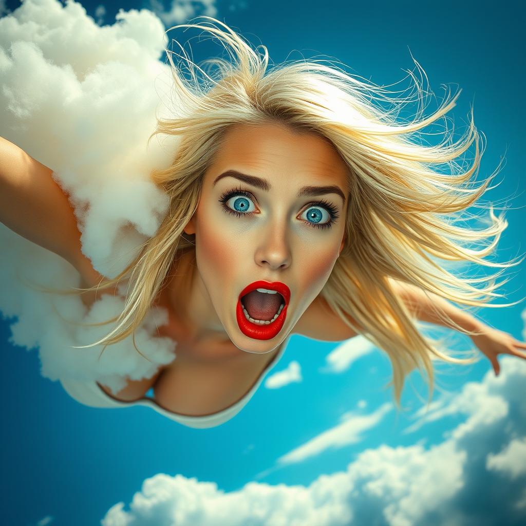 A sexy blonde woman with striking blue eyes and red lips, falling from the sky
