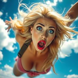 A sexy blonde woman with striking blue eyes and red lips, falling from the sky