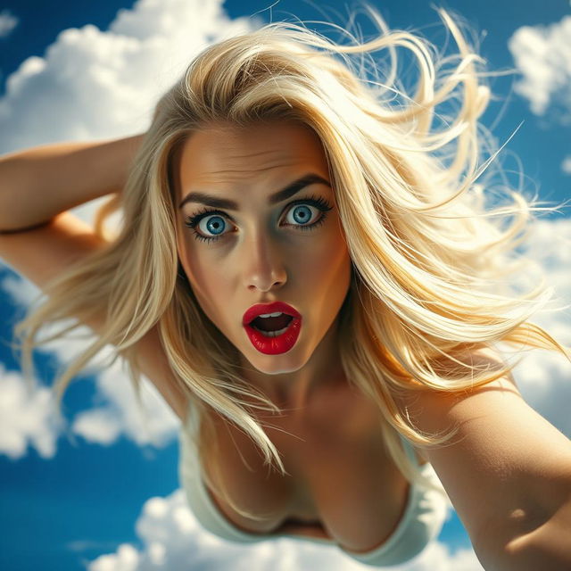 A sexy blonde woman with striking blue eyes and red lips, falling from the sky