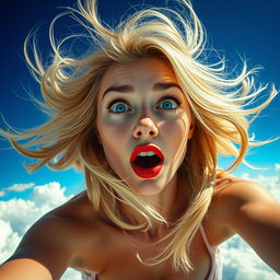 A sexy blonde woman with striking blue eyes and red lips, falling from the sky