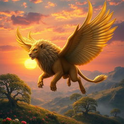 خایع is a mythical creature described with the body of a majestic lion and the wings of a great eagle, soaring high above a mystical valley at sunset