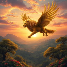 خایع is a mythical creature described with the body of a majestic lion and the wings of a great eagle, soaring high above a mystical valley at sunset