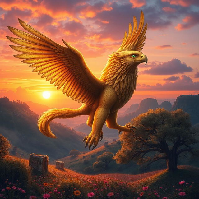 خایع is a mythical creature described with the body of a majestic lion and the wings of a great eagle, soaring high above a mystical valley at sunset