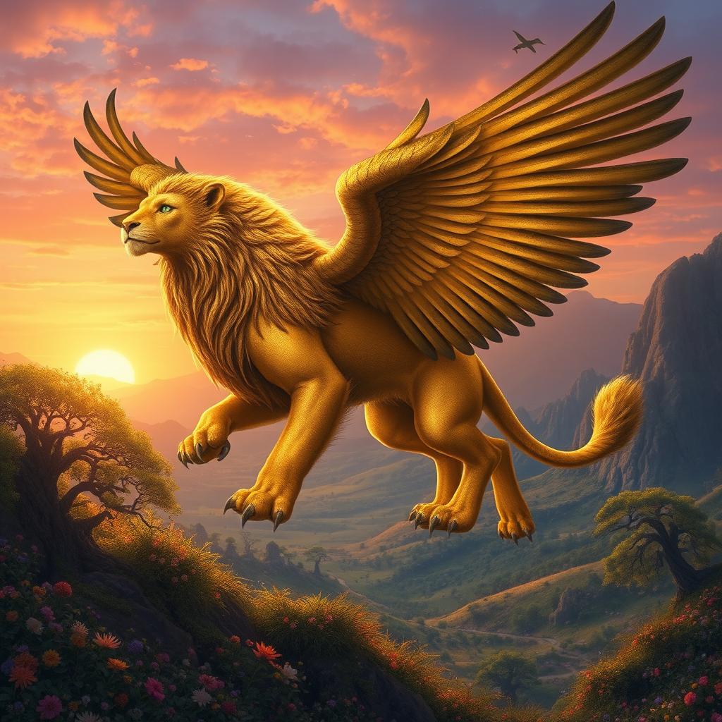 خایع is a mythical creature described with the body of a majestic lion and the wings of a great eagle, soaring high above a mystical valley at sunset