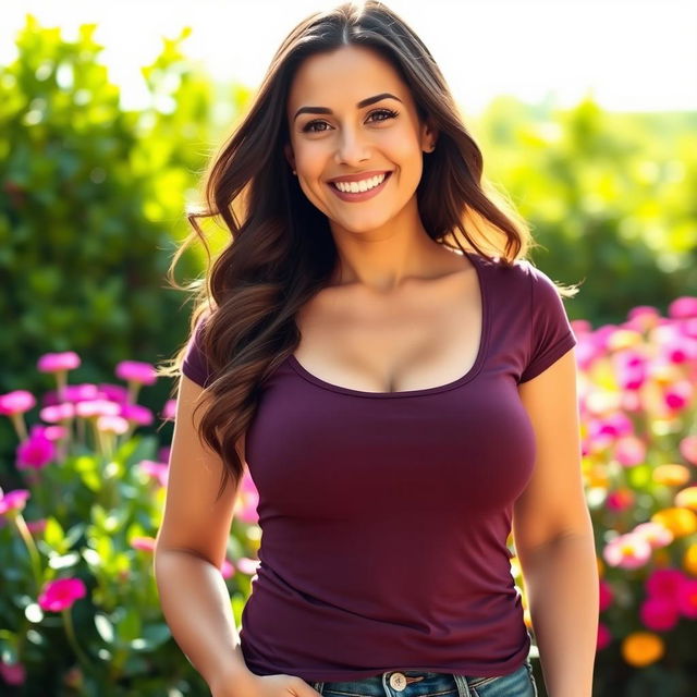 A busty woman wearing a casual, fitted t-shirt that highlights her figure