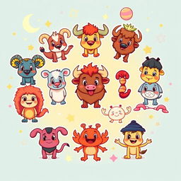 A colorful and playful cartoon-style depiction of the twelve zodiac signs, each represented by a unique and charming character