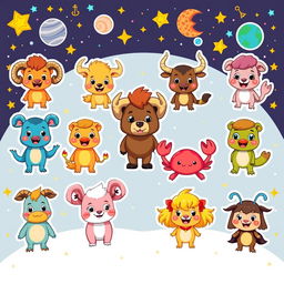 A colorful and playful cartoon-style depiction of the twelve zodiac signs, each represented by a unique and charming character