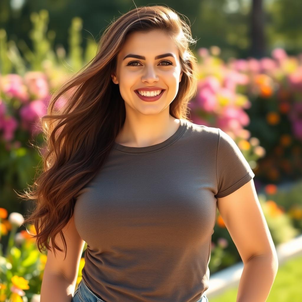 A busty woman wearing a casual, fitted t-shirt that highlights her figure