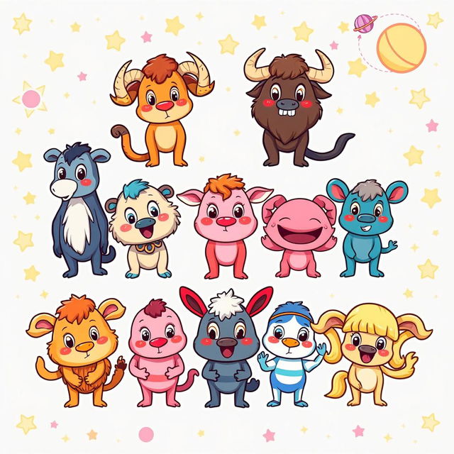 A colorful and playful cartoon-style depiction of the twelve zodiac signs, each represented by a unique and charming character