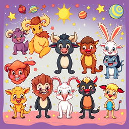 A colorful and playful cartoon-style depiction of the twelve zodiac signs, each represented by a unique and charming character