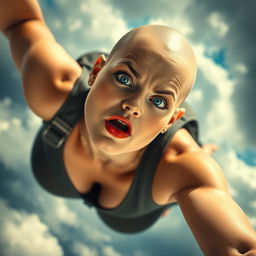 A sexy bald woman with striking blue eyes and vibrant red lips, falling from the sky with a frightened expression