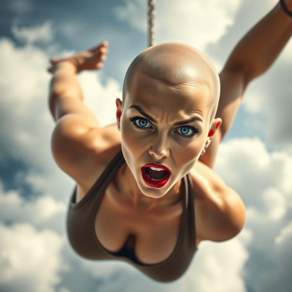 A sexy bald woman with striking blue eyes and vibrant red lips, falling from the sky with a frightened expression