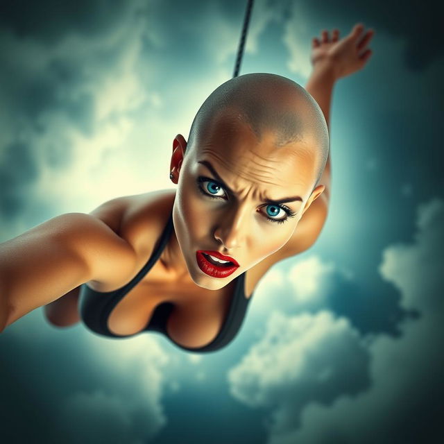 A sexy bald woman with striking blue eyes and vibrant red lips, falling from the sky with a frightened expression