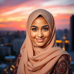 A beautiful, attractive young woman wearing a stylish hijab, elegantly draped around her head and shoulders
