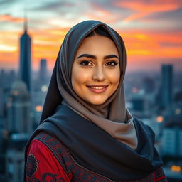 A beautiful, attractive young woman wearing a stylish hijab, elegantly draped around her head and shoulders