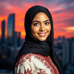 A beautiful, attractive young woman wearing a stylish hijab, elegantly draped around her head and shoulders