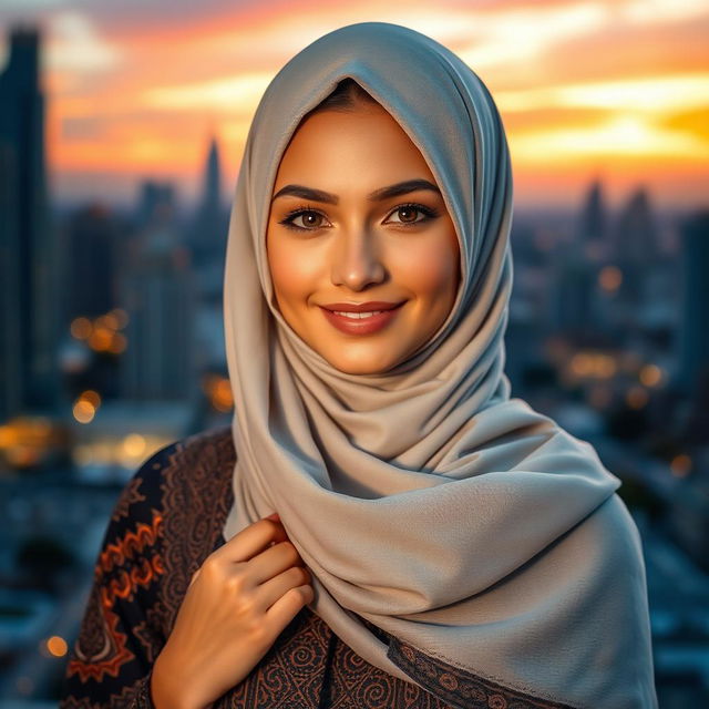 A beautiful, attractive young woman wearing a stylish hijab, elegantly draped around her head and shoulders