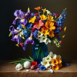 An enchanting oil painting depicting a full-view bouquet of iris, Alstroemeria, Allium, and Delphinium flowers housed in a beautiful blue glass vase