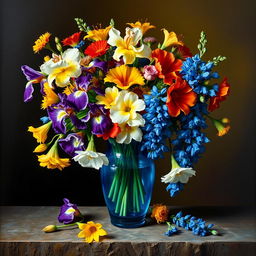 An enchanting oil painting depicting a full-view bouquet of iris, Alstroemeria, Allium, and Delphinium flowers housed in a beautiful blue glass vase