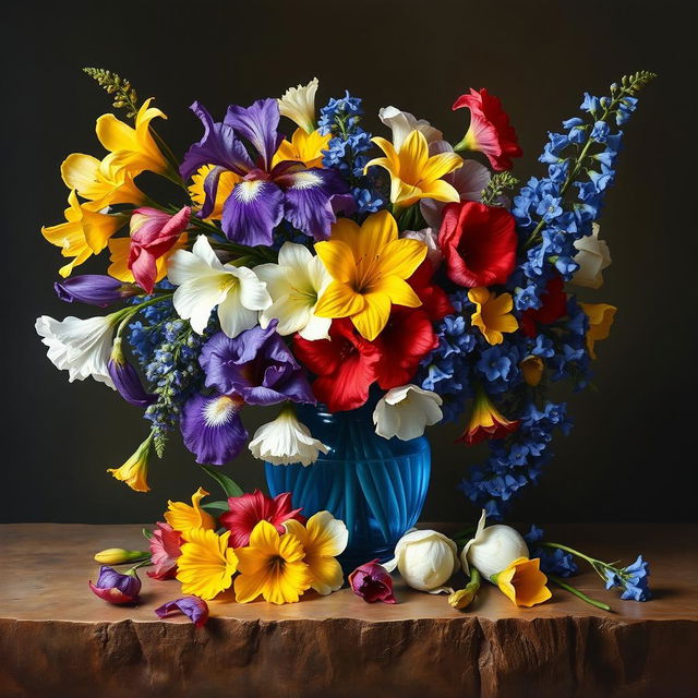 An enchanting oil painting depicting a full-view bouquet of iris, Alstroemeria, Allium, and Delphinium flowers housed in a beautiful blue glass vase