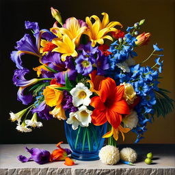 An enchanting oil painting depicting a full-view bouquet of iris, Alstroemeria, Allium, and Delphinium flowers housed in a beautiful blue glass vase