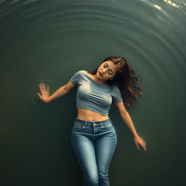 An aerial view of a slim, busty woman with long, flowing hair, peacefully floating asleep on a serene pond