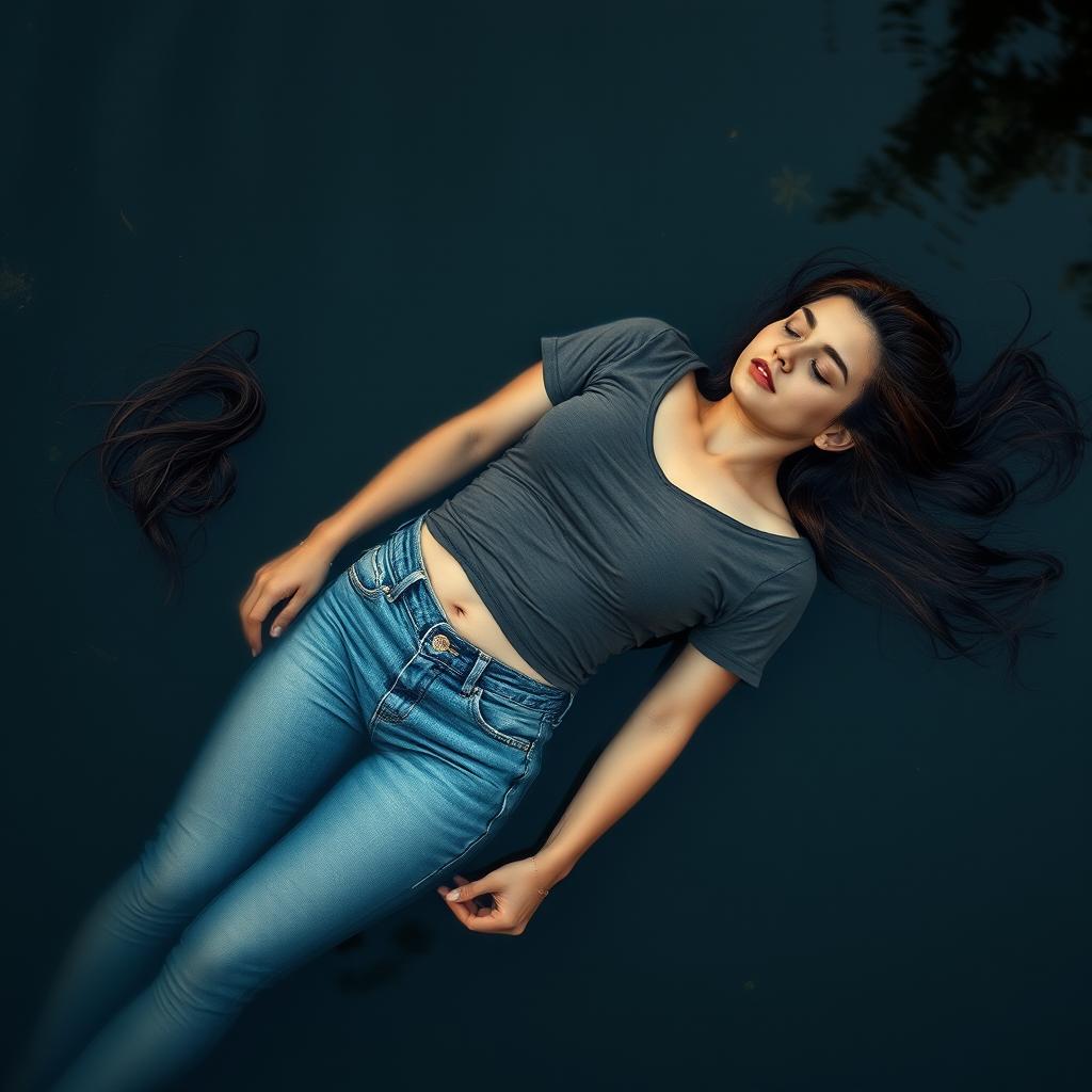 An aerial view of a slim, busty woman with long, flowing hair, peacefully floating asleep on a serene pond