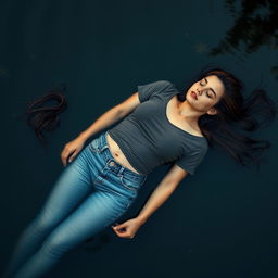 An aerial view of a slim, busty woman with long, flowing hair, peacefully floating asleep on a serene pond