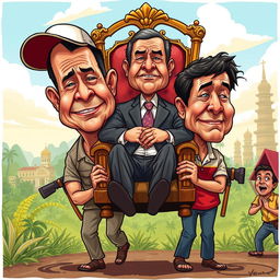 A caricature cartoon illustration depicting hardworking Filipinos, showing a humorous yet poignant scene where overworked individuals are carrying government officials seated in a regal chair