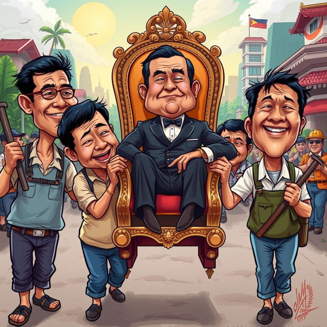 A caricature cartoon illustration depicting hardworking Filipinos, showing a humorous yet poignant scene where overworked individuals are carrying government officials seated in a regal chair