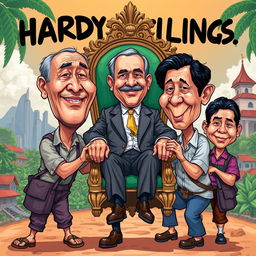 A caricature cartoon illustration depicting hardworking Filipinos, showing a humorous yet poignant scene where overworked individuals are carrying government officials seated in a regal chair