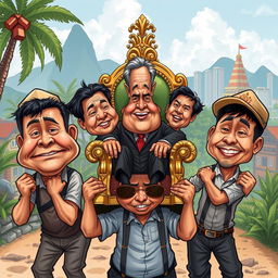 A caricature cartoon illustration depicting hardworking Filipinos, showing a humorous yet poignant scene where overworked individuals are carrying government officials seated in a regal chair