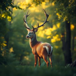 An elegant, majestic stag standing proud in a lush, green forest during golden hour