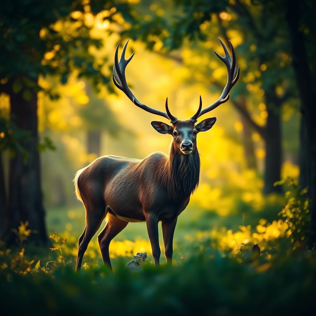 An elegant, majestic stag standing proud in a lush, green forest during golden hour