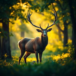 An elegant, majestic stag standing proud in a lush, green forest during golden hour