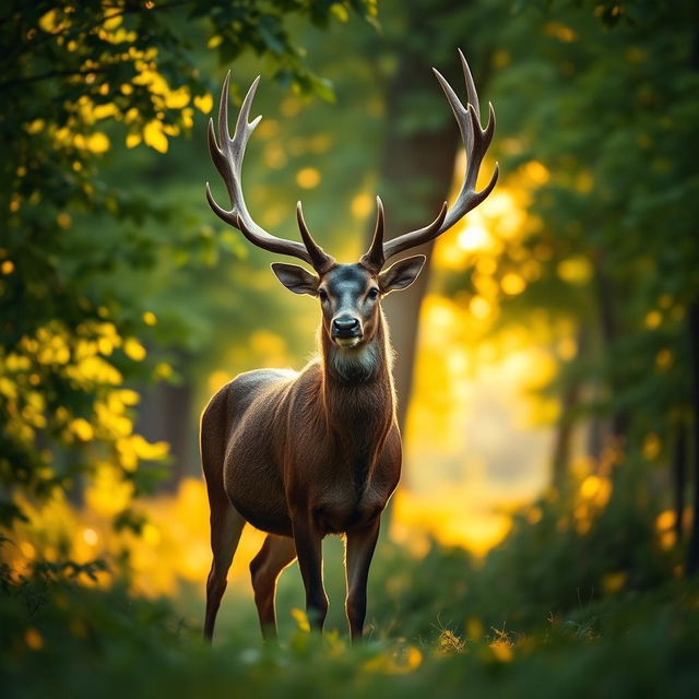 An elegant, majestic stag standing proud in a lush, green forest during golden hour