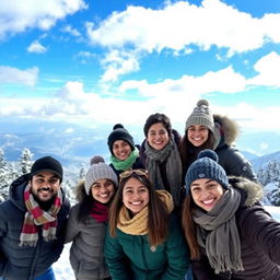 A scenic winter landscape in Shimla, India, featuring a group of friends wearing warm winter clothes like jackets, scarves, and wool hats