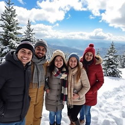 A scenic winter landscape in Shimla, India, featuring a group of friends wearing warm winter clothes like jackets, scarves, and wool hats