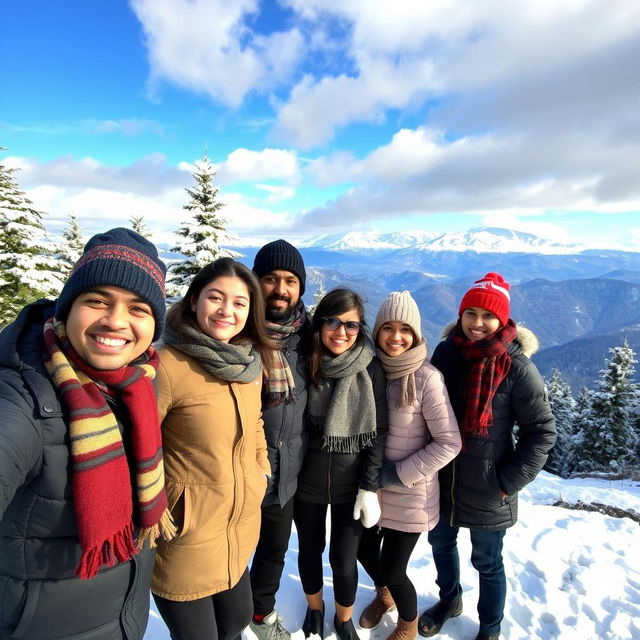 A scenic winter landscape in Shimla, India, featuring a group of friends wearing warm winter clothes like jackets, scarves, and wool hats