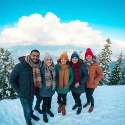 A scenic winter landscape in Shimla, India, featuring a group of friends wearing warm winter clothes like jackets, scarves, and wool hats