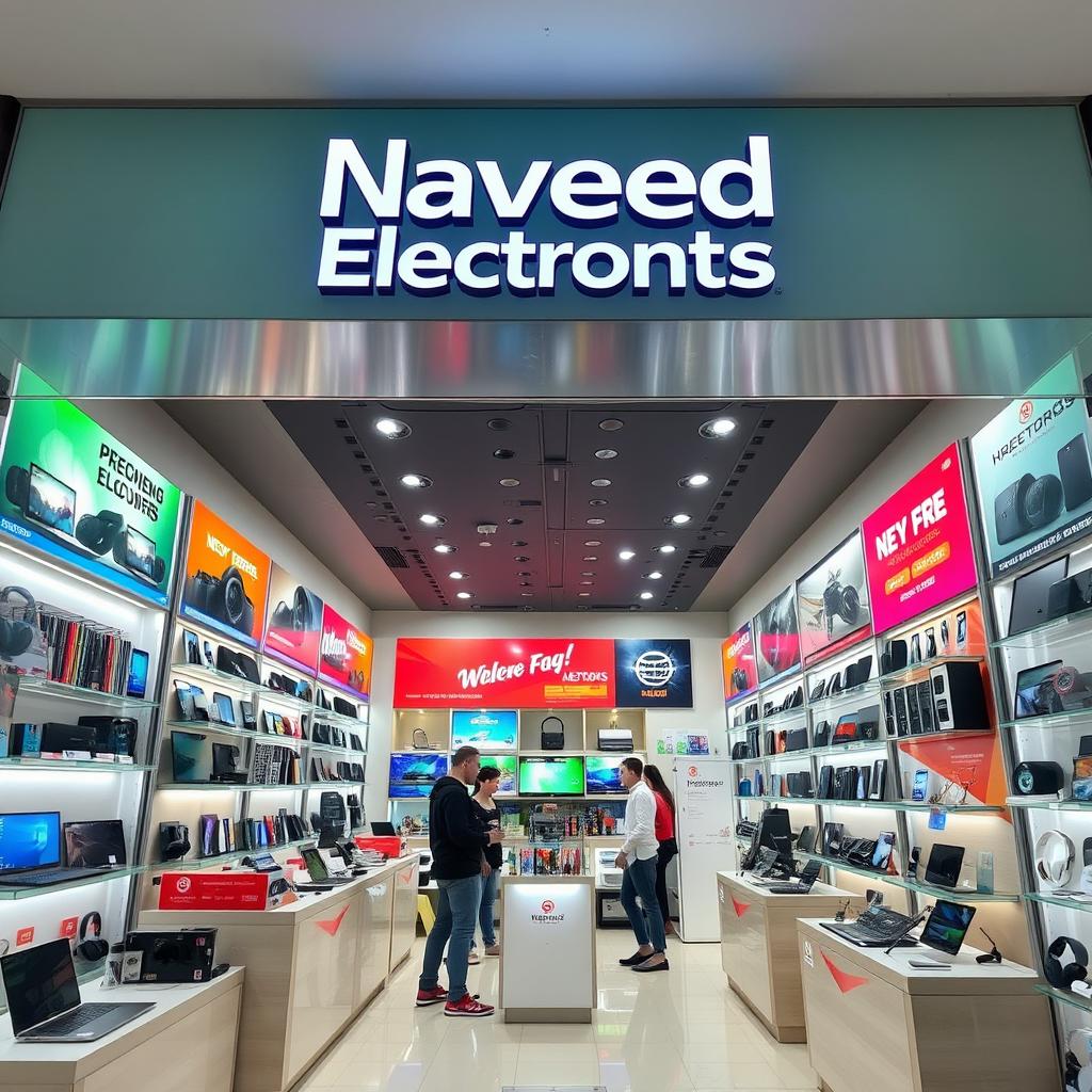 A vibrant electronics shop named 'Naveed Electronics', showcasing a wide array of the latest gadgets and electronics such as laptops, smartphones, cameras, and headphones