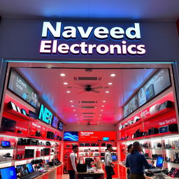 A vibrant electronics shop named 'Naveed Electronics', showcasing a wide array of the latest gadgets and electronics such as laptops, smartphones, cameras, and headphones