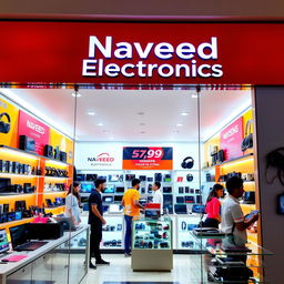 A vibrant electronics shop named 'Naveed Electronics', showcasing a wide array of the latest gadgets and electronics such as laptops, smartphones, cameras, and headphones
