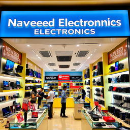 A vibrant electronics shop named 'Naveed Electronics', showcasing a wide array of the latest gadgets and electronics such as laptops, smartphones, cameras, and headphones