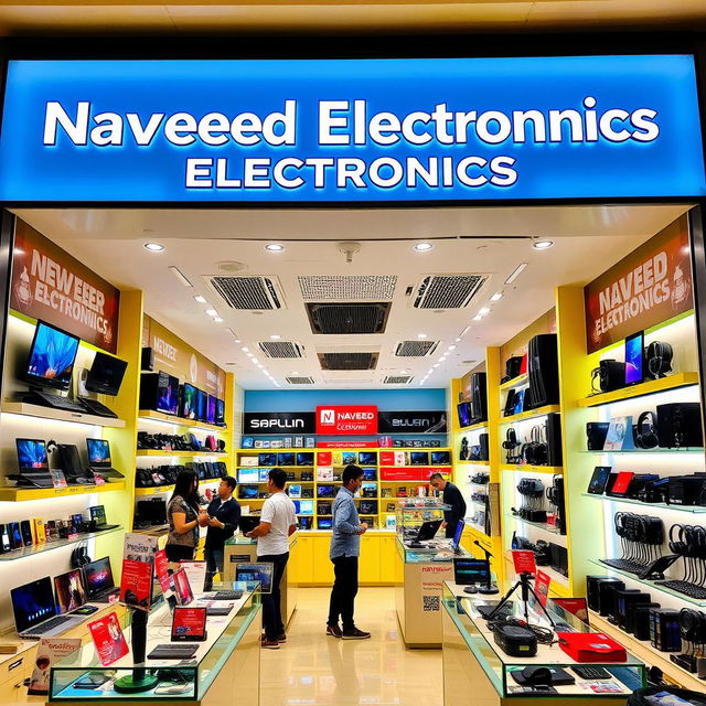 A vibrant electronics shop named 'Naveed Electronics', showcasing a wide array of the latest gadgets and electronics such as laptops, smartphones, cameras, and headphones