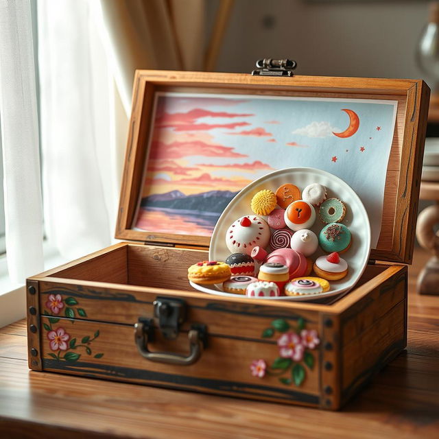 A whimsical and colorful scene featuring a vintage wooden box