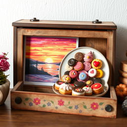 A whimsical and colorful scene featuring a vintage wooden box