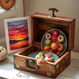 A whimsical and colorful scene featuring a vintage wooden box