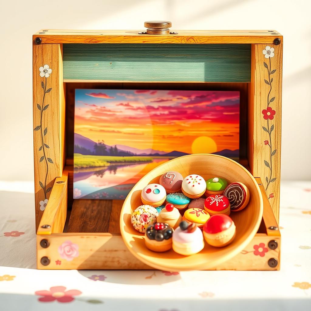 A whimsical and colorful scene featuring a vintage wooden box